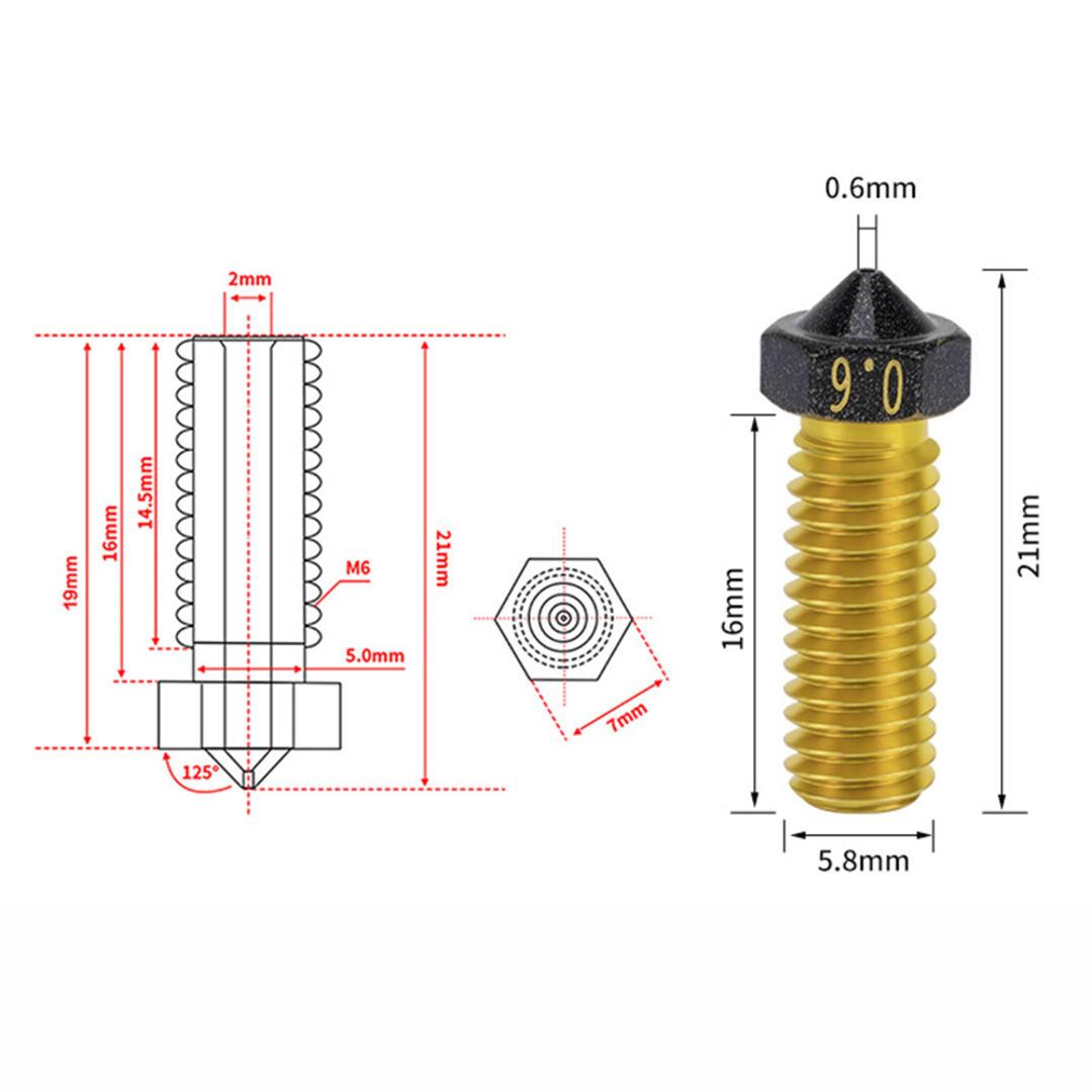 Mosadzná tryska VOLCANO M6 - 0,2mm / 1,75mm - PTFE povrch